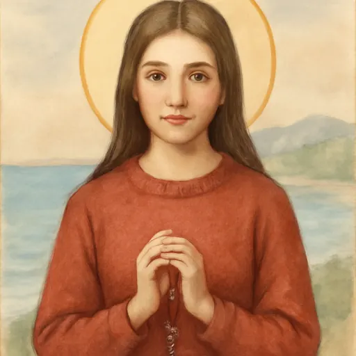 Watercolor holy-card portrait of Blessed Sandra Sabattini as a smiling young woman with long dark hair in a red sweater, holding a small rosary