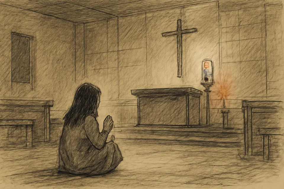 Ink-drawing-style illustration of a girl seen from behind sitting on the floor of a dark modern church in prayer before a lit tabernacle