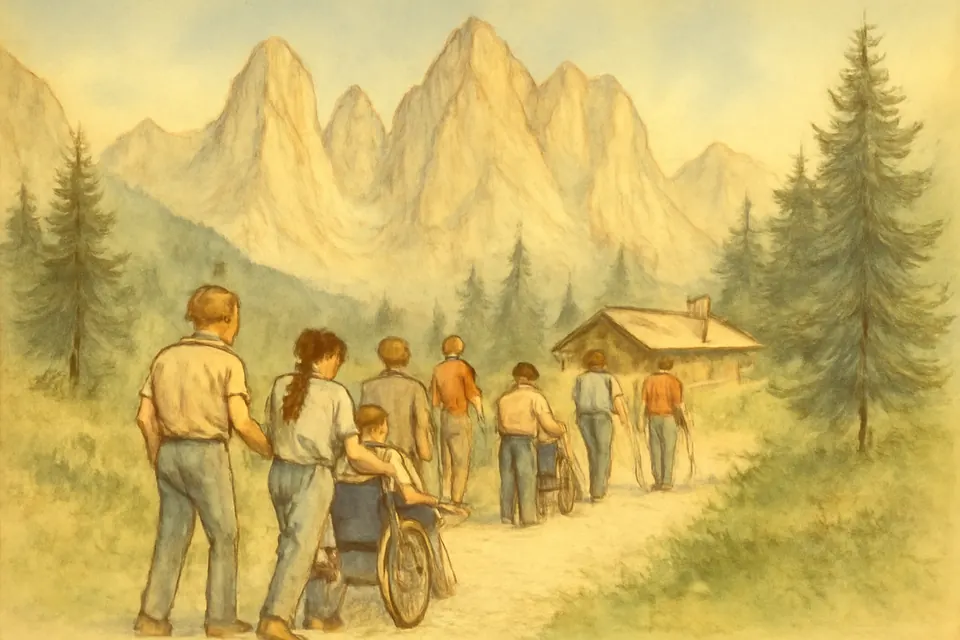 Watercolor-style illustration of young volunteers, seen from behind, pushing wheelchairs along a mountain path in the Dolomites