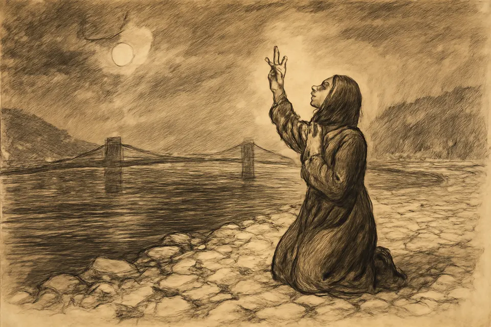 Ink-drawing-style illustration of a woman kneeling and making the Sign of the Cross on a dark riverbank at night