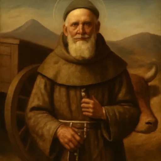 Oil-painting-style portrait of Blessed Sebastian de Aparicio as an aged Franciscan lay brother in a gray-brown habit with a rosary, standing beside a wooden ox cart