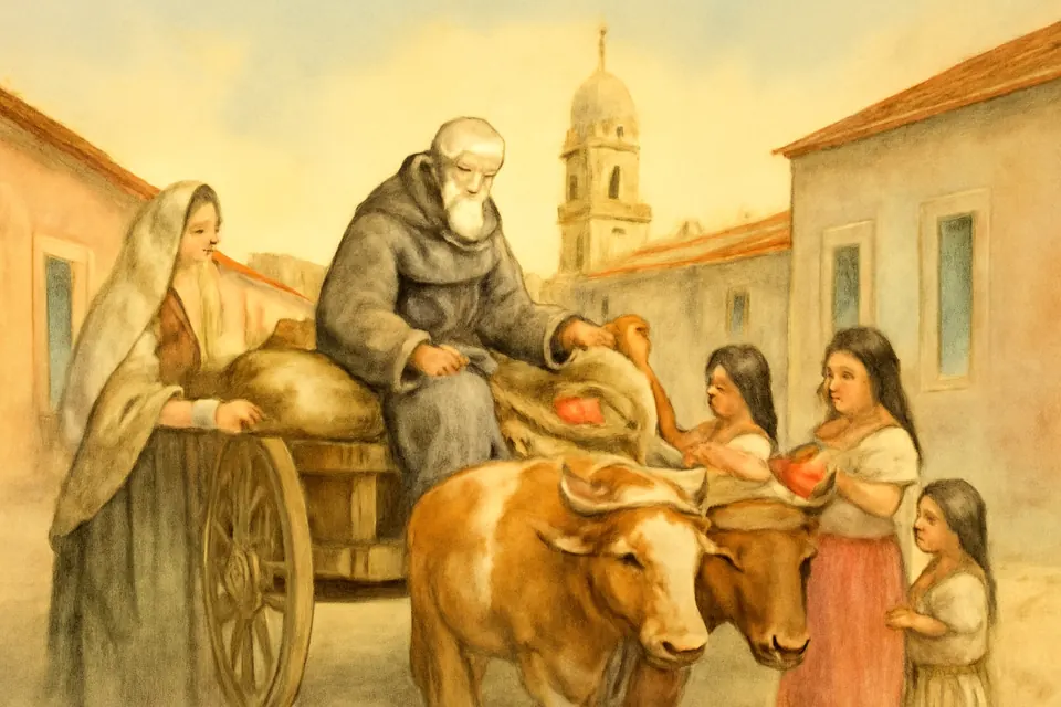 Watercolor-style scene of an old Franciscan friar driving an ox cart loaded with sacks of grain through a colonial Mexican street while people bring him gifts