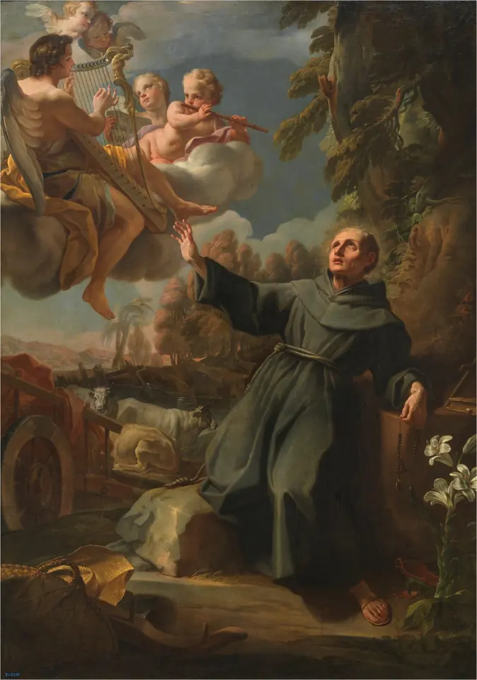 Eighteenth-century oil painting of an old friar in a gray habit kneeling on the ground with arms raised toward angels in the clouds, an overturned cart wheel and oxen behind him