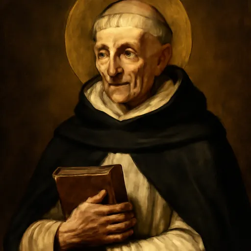 Oil-painting-style portrait of Blessed Sebastian Maggi, an elderly Dominican friar in a white habit and black cloak holding a book
