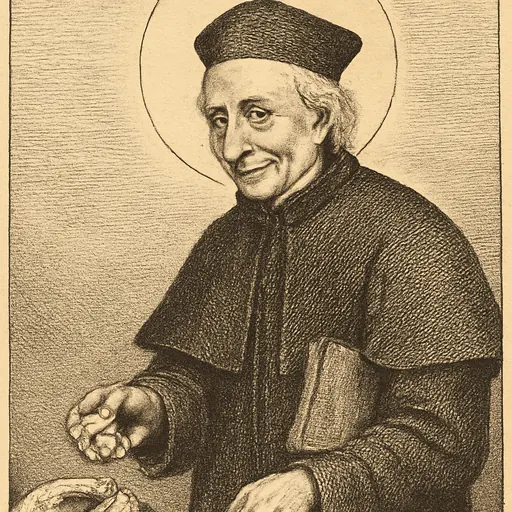 Engraving-style portrait of Blessed Sebastian Valfrè, an elderly Oratorian priest in a black cassock and biretta, giving a coin to a beggar's outstretched hand
