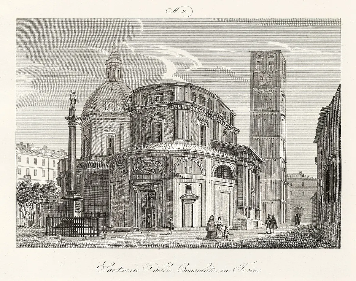 An etching of the domed Consolata sanctuary in Turin with its tall bell tower and a column in the square before it