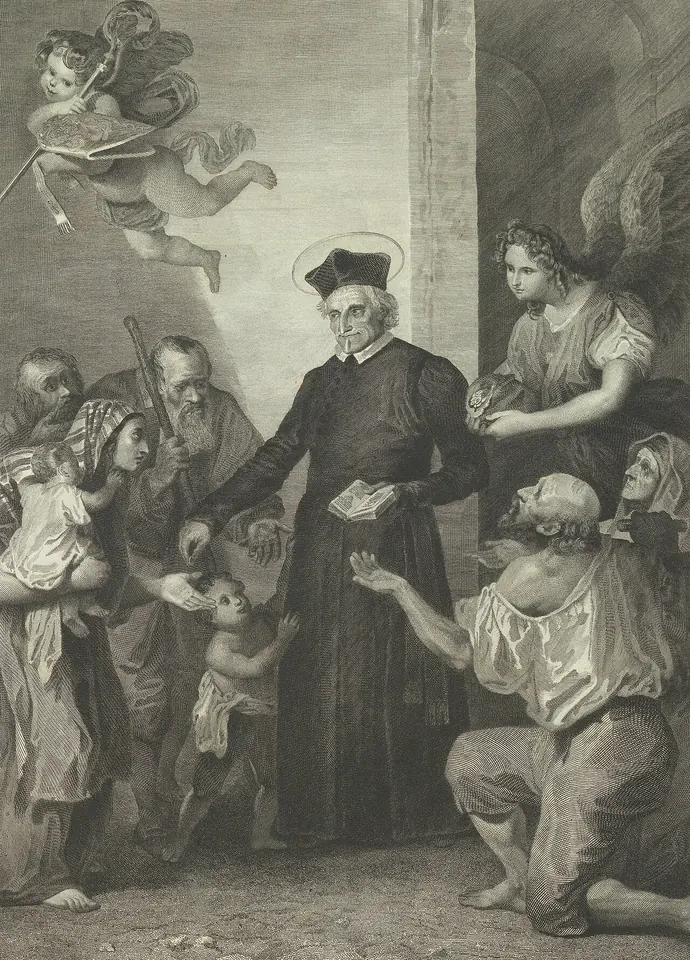 An engraving of an elderly priest giving alms to a crowd of poor men, women and children while angels hover above