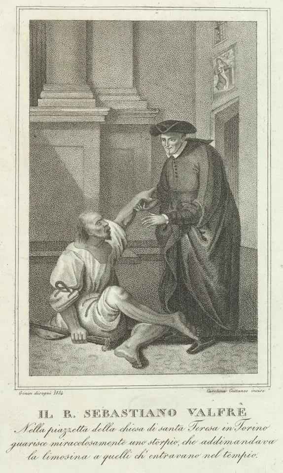 A print of a priest in a black cassock and biretta bending to touch a crippled beggar seated on the ground before a church doorway