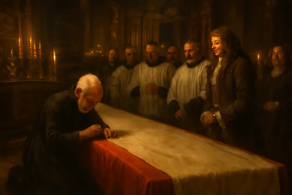 Oil-painting-style scene of an elderly priest kneeling to sew a small tear in the edge of a long linen cloth spread on a table in a candlelit chapel