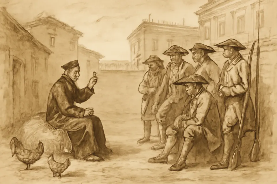 Ink-drawing-style scene of an old priest seated in a farmyard teaching a group of soldiers in 18th-century uniforms