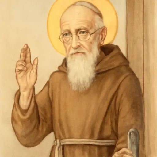 Watercolor holy-card portrait of Blessed Solanus Casey as an elderly bearded Capuchin friar in a brown habit, standing at a monastery door