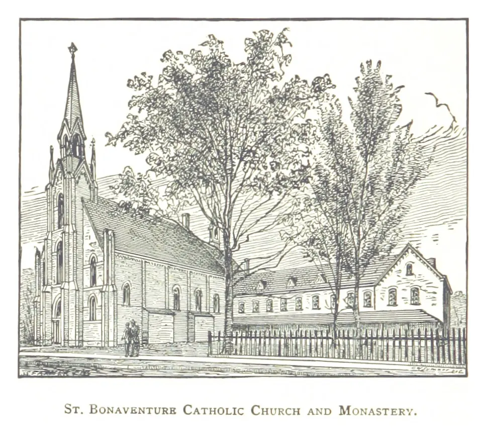 Engraving of a Gothic brick church with a tall spire beside a plain monastery building behind a picket fence, with trees along the street