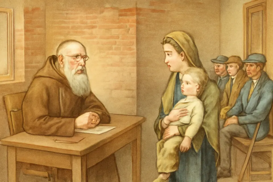 Illustration of an elderly bearded friar in a brown habit listening to a worried mother and child in the front office of a Detroit monastery, with others waiting on a bench