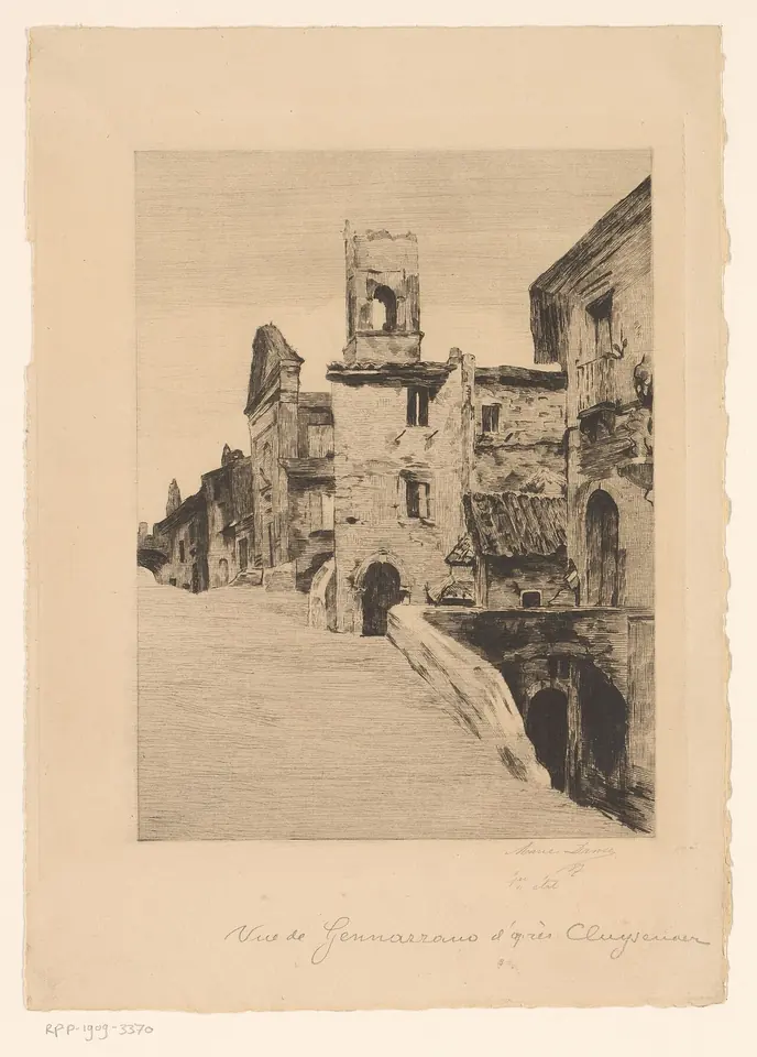 An etching of a steep stone stairway climbing between old houses to a medieval tower in the town of Genazzano
