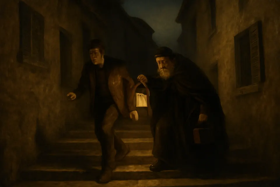 Oil-painting-style scene of an elderly friar with a lantern hurrying up a steep stone street at night to visit a sick parishioner