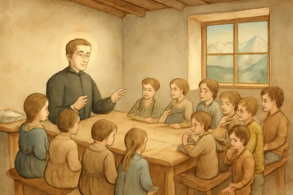 Watercolor-style scene of a young priest in a black cassock teaching poor children around a table in a plain room in Trent