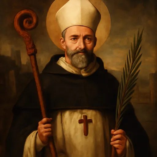 Oil-painting-style portrait of Blessed Terence Albert O'Brien, a gray-bearded Dominican bishop in a white habit and black cloak, holding a crozier and a martyr's palm