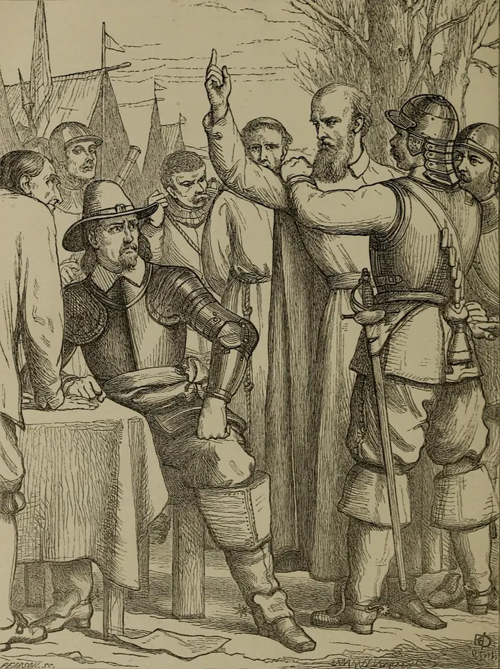 A bearded bishop raising his hand toward heaven as he stands before an armored officer seated at a table, surrounded by soldiers