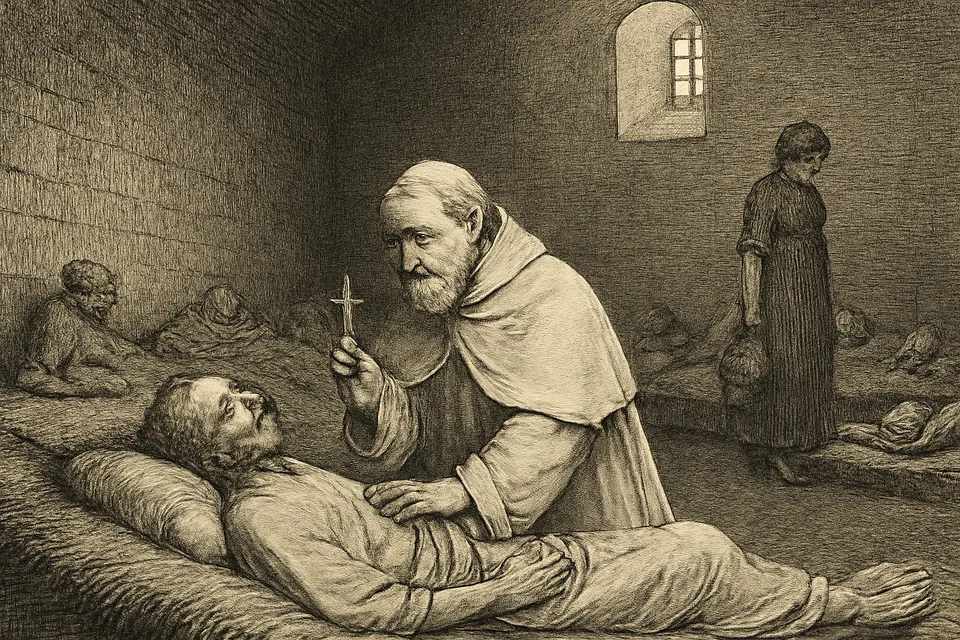 Engraving-style scene of a Dominican bishop kneeling beside plague-stricken townspeople on straw pallets in a dim seventeenth-century hospital
