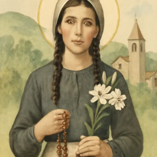 Watercolor-style portrait of Blessed Teresa Bracco, a young Italian country woman with dark braids and a headscarf, holding a rosary and a lily