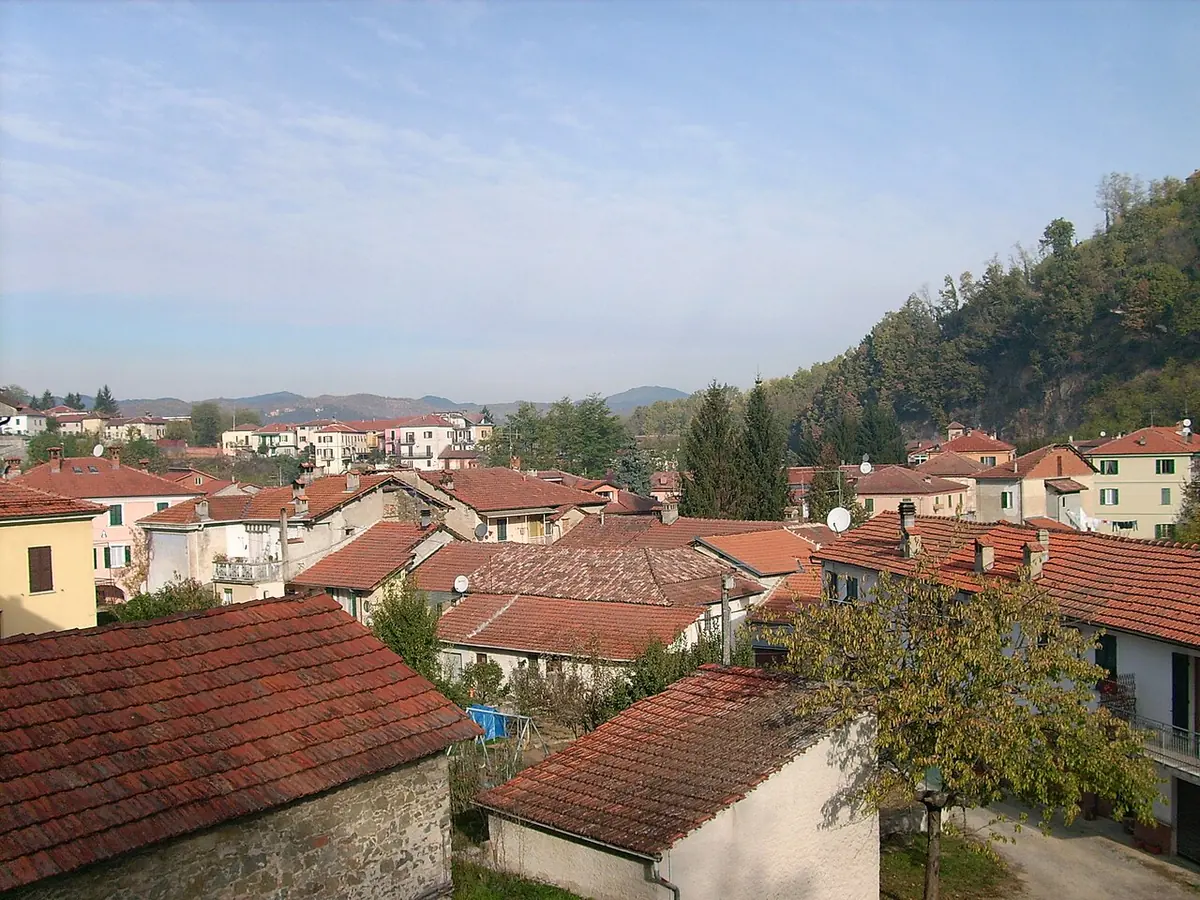 Red-tiled roofs of the town of Dego among green wooded hills under a pale autumn sky