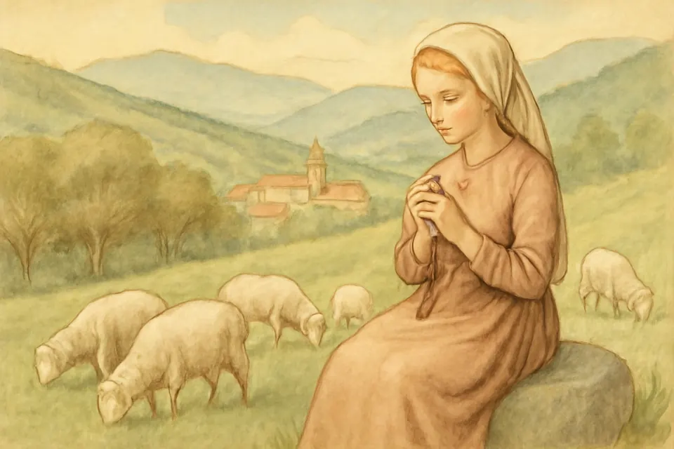 Watercolor-style scene of a young shepherdess praying the rosary while her sheep graze on a wooded hillside
