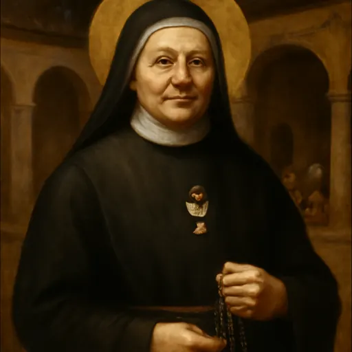 Oil-painting-style portrait of Blessed Teresa Grillo Michel, an elderly Italian religious foundress in a dark habit and veil, with a kind, firm face