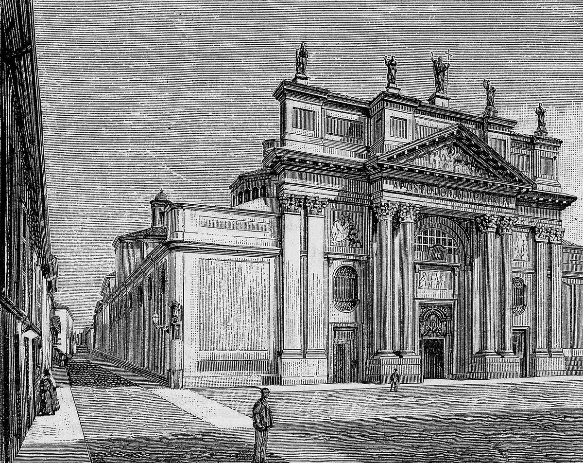 Wood engraving of the columned facade of Alessandria Cathedral on a quiet street, with a few people in the square