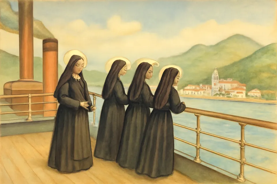 Watercolor-style scene of an elderly religious sister and younger sisters at the rail of an ocean steamer, looking toward a tropical harbor