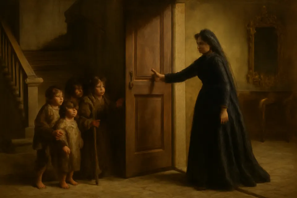 Oil-painting-style scene of a widow in black welcoming ragged children and elderly poor into the hall of an elegant Italian townhouse