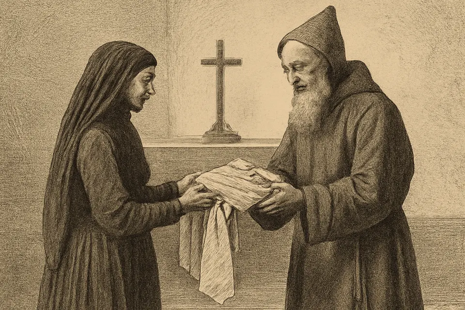 Engraving-style scene of a woman in black handing a folded white silk wedding gown to a bearded Capuchin friar in a plain church