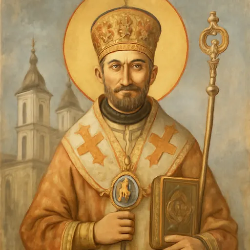 Fresco-style portrait of Blessed Theodore Romzha as a young Byzantine Catholic bishop in gold vestments and a crown-like miter, holding a Gospel book