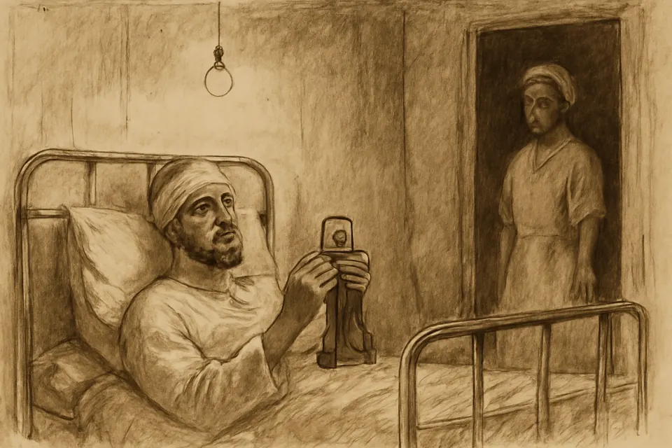 Ink-drawing-style scene of an injured young bishop lying bandaged in a hospital bed, praying, while a nurse in a white cap stands in the doorway