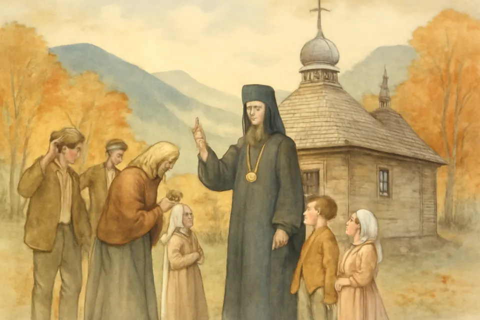 Watercolor-style scene of a young bishop in a black cassock greeting villagers outside a wooden church in the Carpathian Mountains