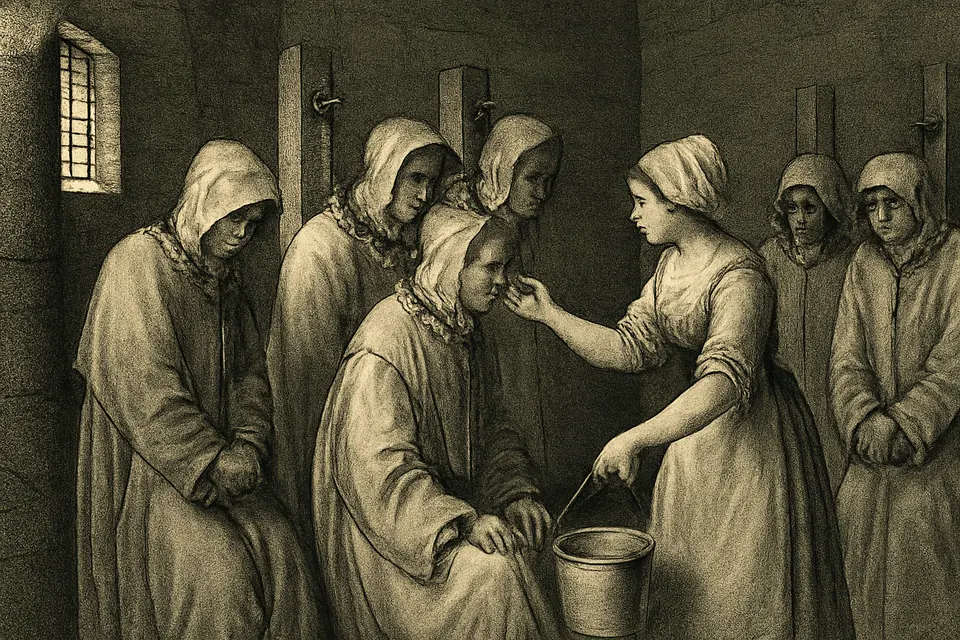 Engraving-style scene of a woman disguised as a milkmaid feeding chained Carthusian monks in a dark prison