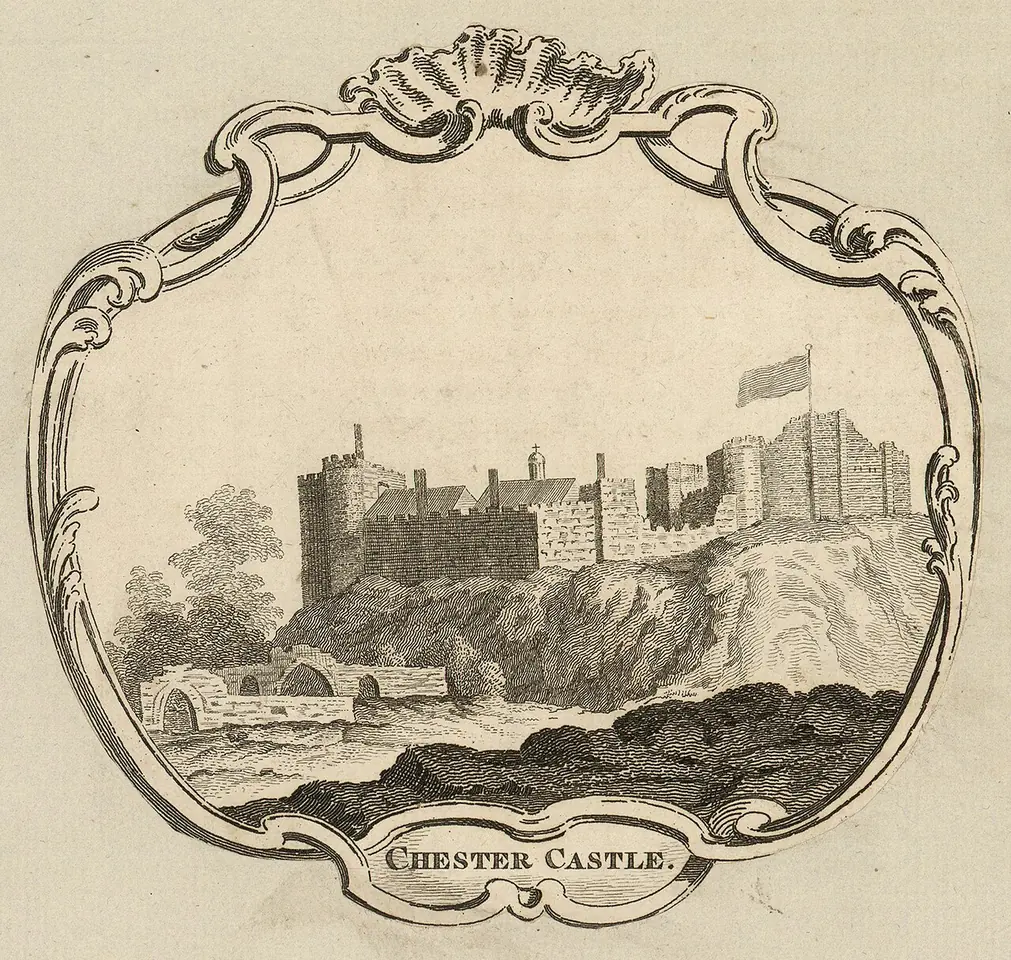 Eighteenth-century engraving in an ornate frame of Chester Castle on its rock above the river, with a flag flying from the tower