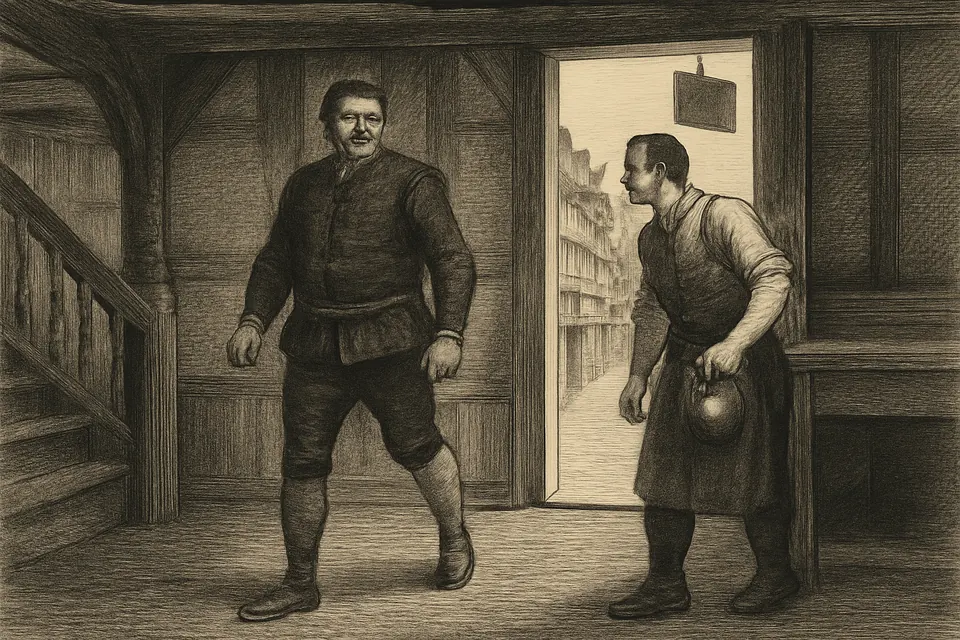 Engraving-style scene of a man in odd stockings, one yellow and one white, slipping out of a Tudor inn while a tapster watches