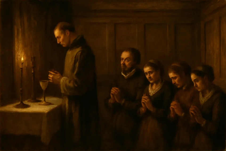 Oil-painting-style scene of a priest saying a secret Mass by candlelight for a small household in a paneled Elizabethan room