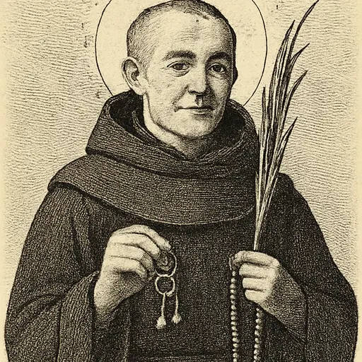 Engraving-style portrait of Blessed Thomas Pickering, a gentle-faced Benedictine lay brother in a black hooded habit holding a ring of keys