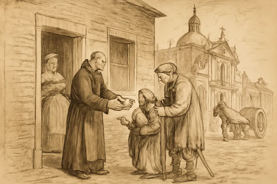 Ink-drawing-style scene of a Benedictine lay brother handing bread and coins to poor people at the door of a London house beside a chapel