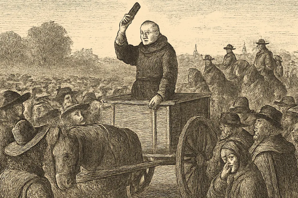 Engraving-style scene of a calm Benedictine brother standing on a cart in a crowded London field, lifting his cap and smiling at the crowd