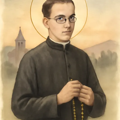 Watercolor-style portrait of Blessed Titus Zeman, a lean Slovak priest in a black cassock with round glasses, holding a rosary