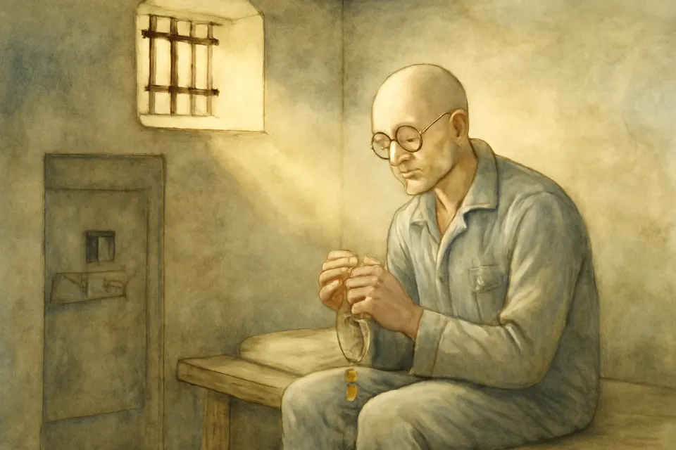 Watercolor-style scene of a thin prisoner in a striped uniform praying quietly with a rosary made of knotted string in a bare cell