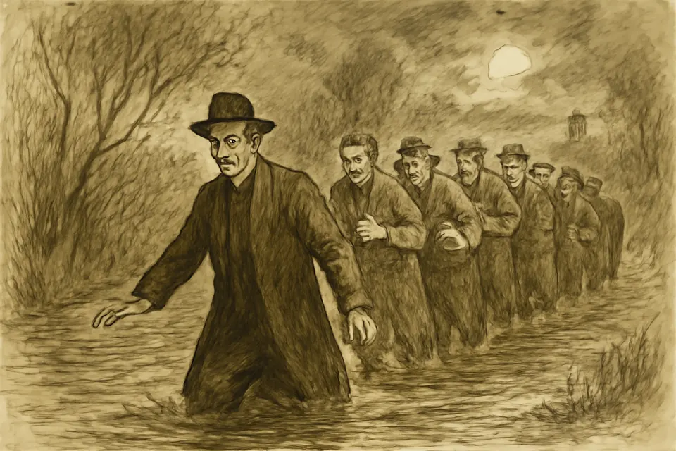 Ink-drawing-style scene of a priest leading a line of young men in coats across a shallow river at night under a full moon