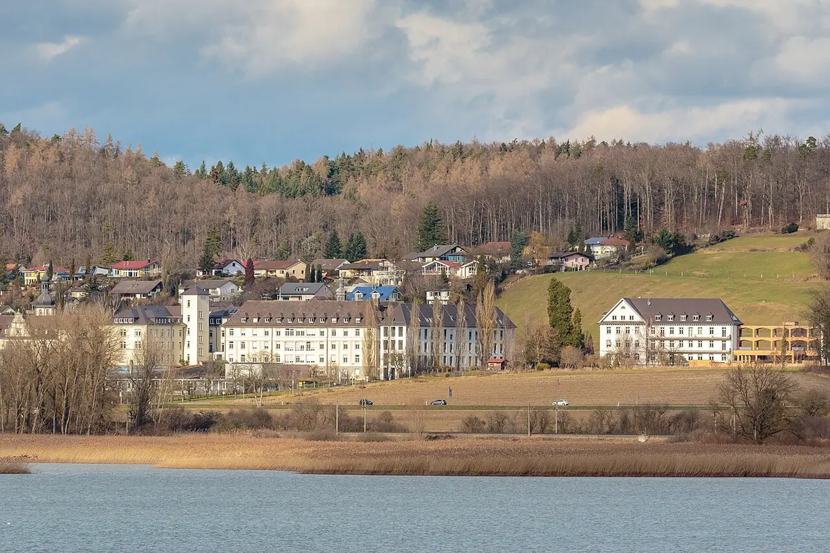 Long white convent buildings with a church at the foot of wooded hills, seen across reeds and the water of Lake Constance