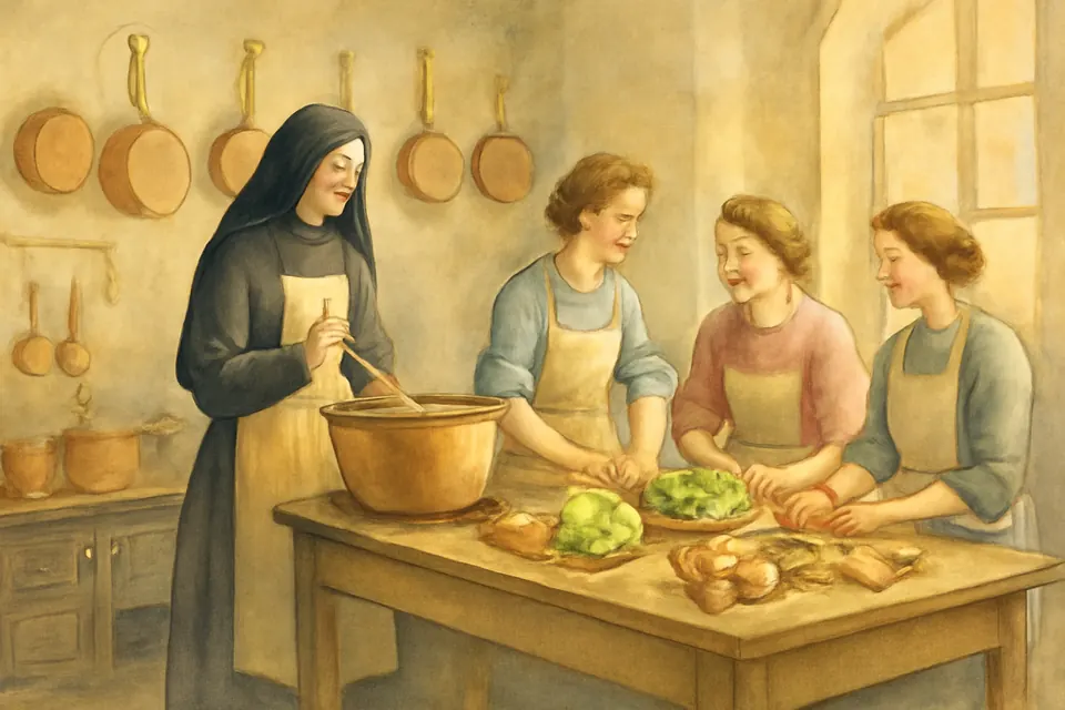 Watercolor-style scene of a young sister in a black habit and apron stirring a great pot in a convent kitchen while young women chop vegetables and laugh