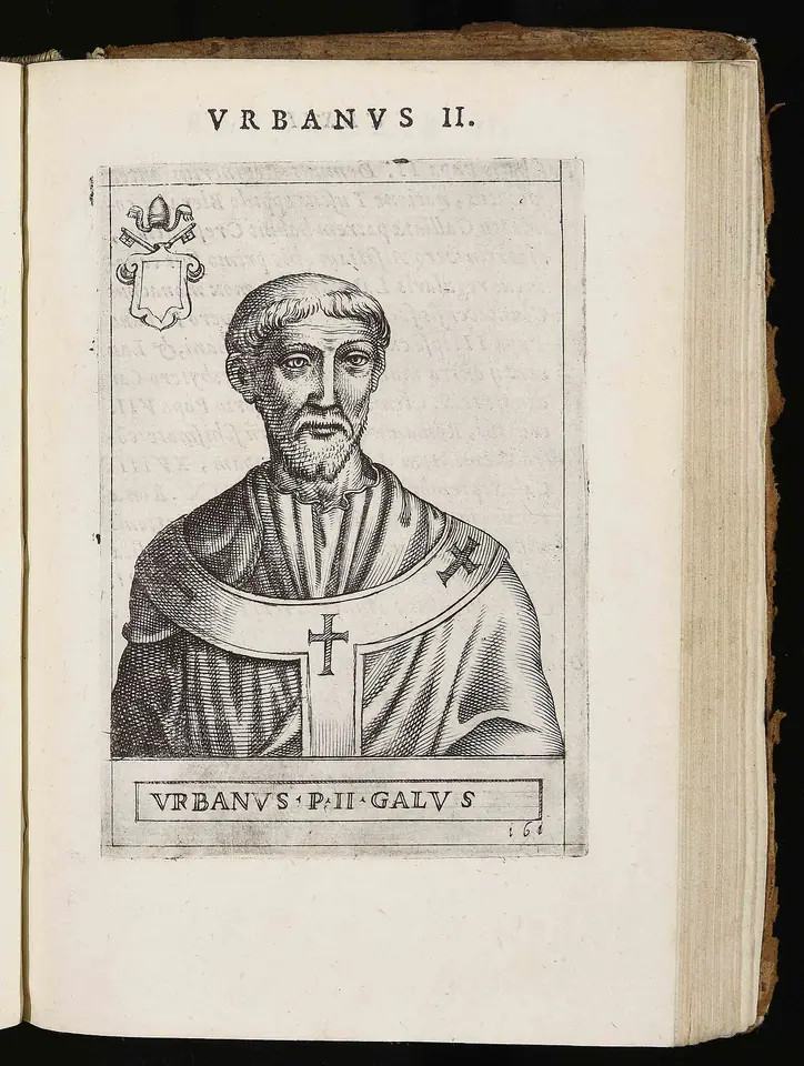 Page of an old printed book with an engraved bust of a bearded pope wearing a pallium, framed and labeled Urbanus II
