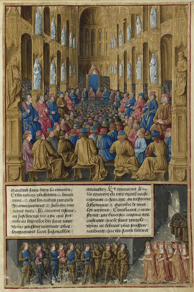 Manuscript miniature of a pope enthroned in a crowded Gothic church before rows of bishops and nobles, with knights below