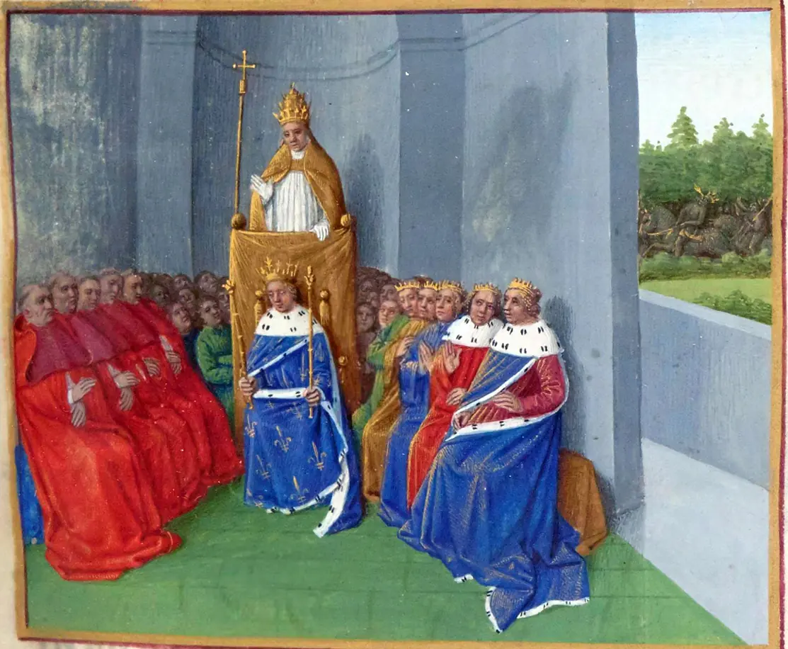 Manuscript miniature of a pope in gold vestments enthroned under a canopy, with cardinals in red on one side and crowned kings in blue on the other