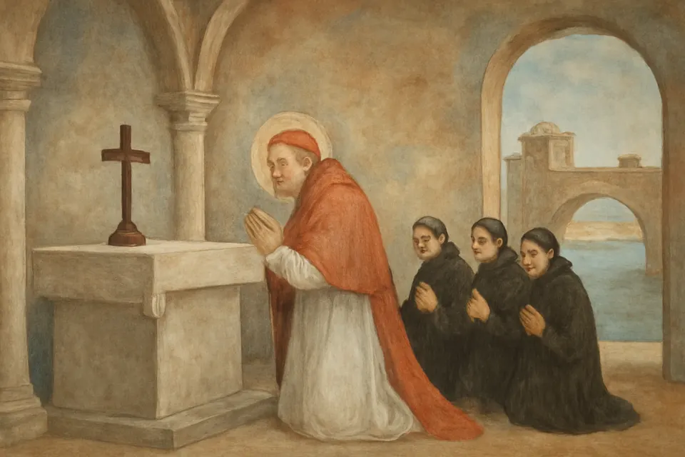 Fresco-style scene of a poor, bearded pope in a plain mantle praying in a small stone church on an island in a river, with a few monks around him